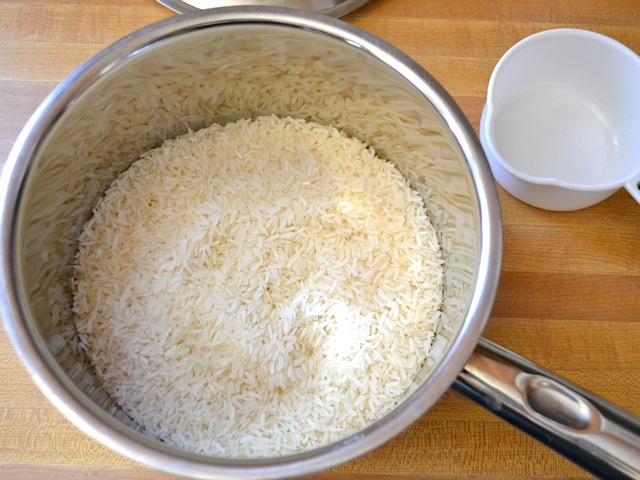 rice in a pan ready to cook 