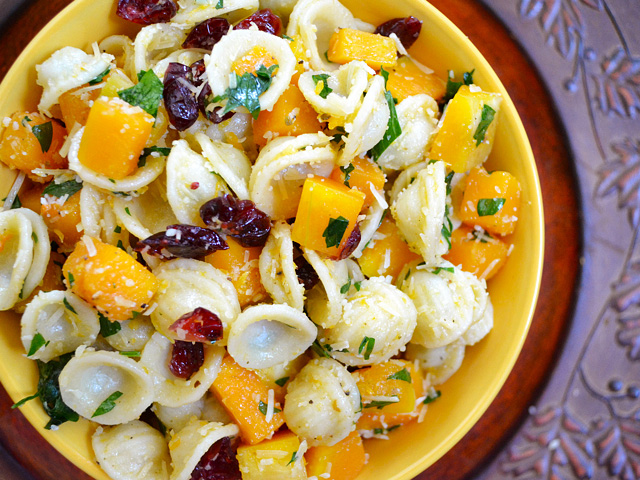 top view of a bowl of butternut squash pasta salad