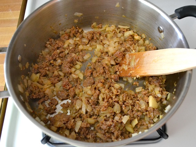 sausage squeezed out of casing into pot with onion and garlic and browned 