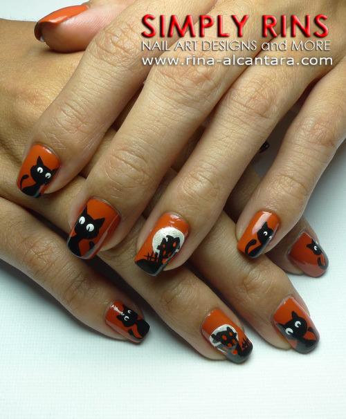 Haunted House and Black Cats Nail Art Design