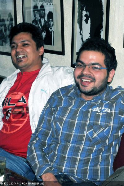 Saurabh (L) and Nihar during a comedy gig at Cafe Morrison, New Delhi.