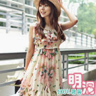 (100%明洞)肩綁帶荷葉花朵雪紡洋裝 (共二色)
