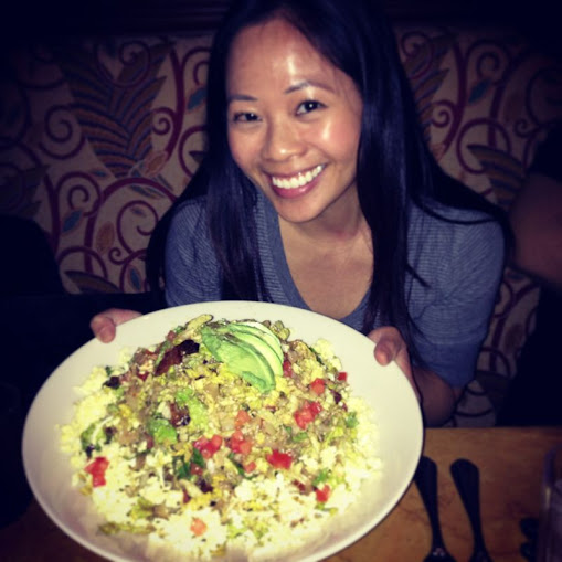 Lily and the ENORMOUS Cobb Salad they serve at The Cheesecake Factory