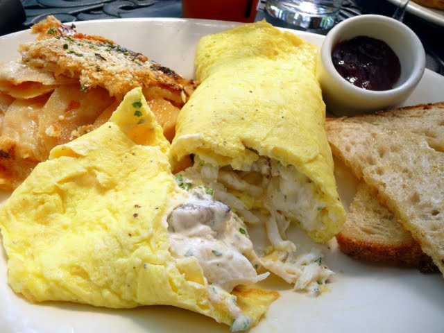 omelette stuffed to brimming with lots of dungeness crab folded with a light sweet herb crema from Meriwether brunch