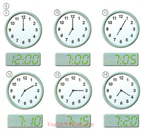8. twelve o'clock (midnight) 9. twelve o'clock (noon/midday) 10. seven (o'clock) 11. seven oh five/ five after seven 12. seven ten/ ten after seven 13. seven fifteen/ (a) quarter after seven 14. seven twenty/ twenty after seven Time - Numbers, Date, Time - Photo Dictionary