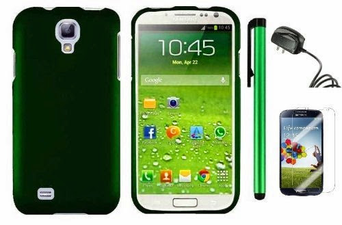  Samsung Galaxy S4 i9500 Accessory Combination - Premium Plain Color Protector Hard Cover Case / Screen Protector Film / Travel (Wall) Charger / 1 of New Metal Stylus Touch Screen Pen (Metallic Green)
