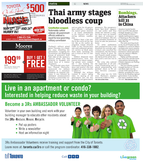 screen capture of Toronto Metro print edition page with article title "Thai army stages bloodless coup"