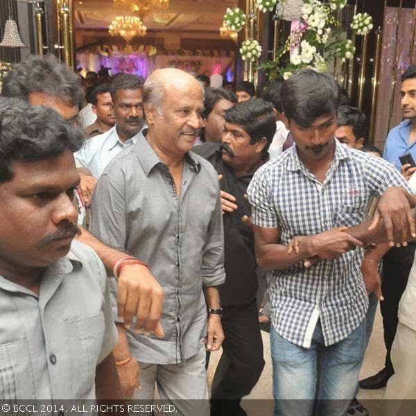 Superstar Rajinikanth arrives for the wedding reception party of T Rajendar's daughter Elakkiya with Abhilash, held at The Leela Palace in Chennai.