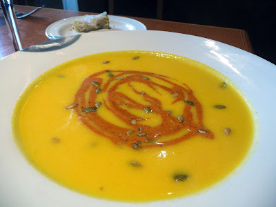 Wildwood PDX Lunch: an appetizer of puree of butternut squash soup's depth of flavor was elevated by the guajillo creme fraiche and toasted pumpkin seeds