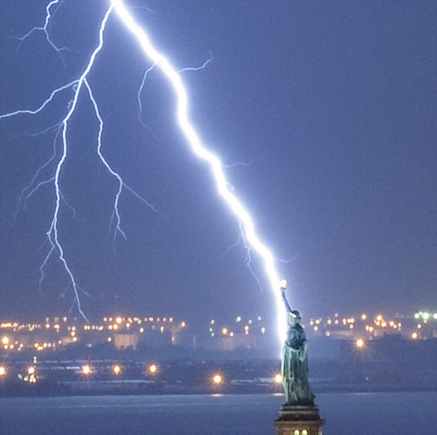 Caught in Camera Lightning Bolt Strikes the Statue of Liberty