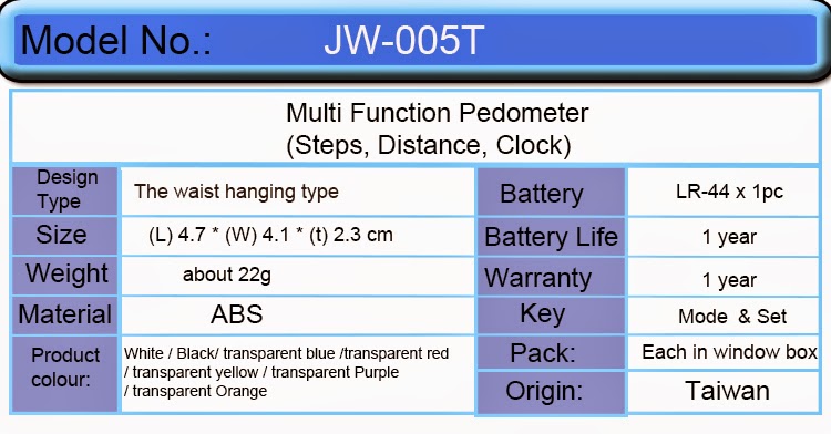 JW-005 Series Pedometer Calorie Counter (Step,Distance,Calorie) /Wholesale, Manufacture,OEM,ODM-BESTEK ELECTRONICS CORP.  Pulse Meter, USB Pedometer, G Sensor Pedometer, Bluetooth Pedometer & Bluetooth Activity Tracker, Pulse Pedometer, Fitness Pedometer, Heart Rate Monitor, Rain Gauge, Electronic Counter, Heart Rate Monitor Watch and continually improve upon the manufacturing processes and work environment hrough total employee involvement and strict adherence to fair business ethics. Please feel free to contact us and visit our website of www.pedometer365.com 