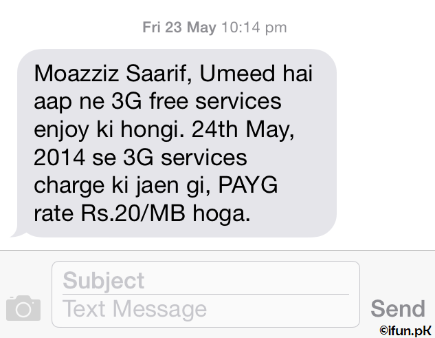 Ufone to Charge Rs. 20/MB for 3G Services from 24th May 2014