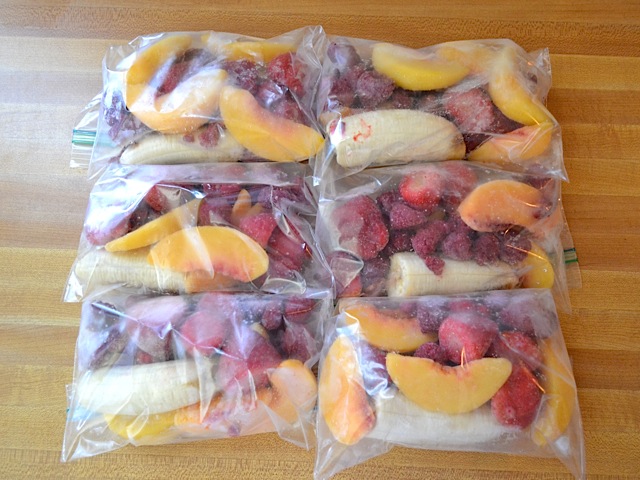 fruit divided into eight baggies and ready to freeze 