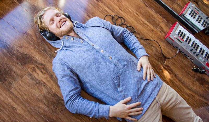Jared in a Herringbone Woodie Hoodie