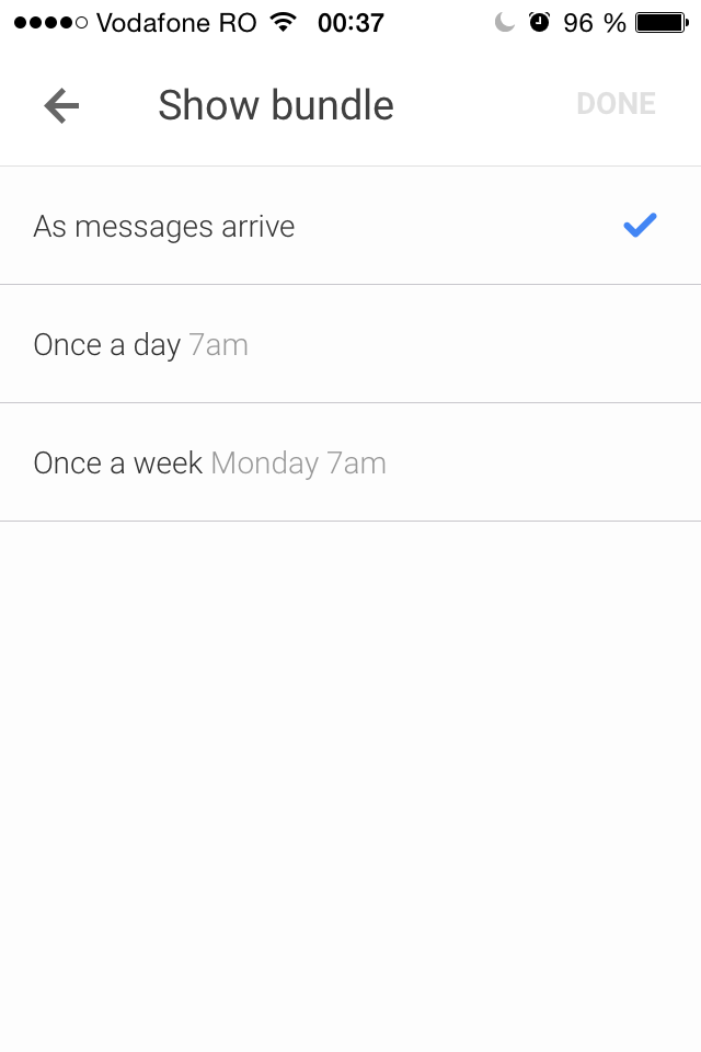 Inbox by Gmail bundle notification options