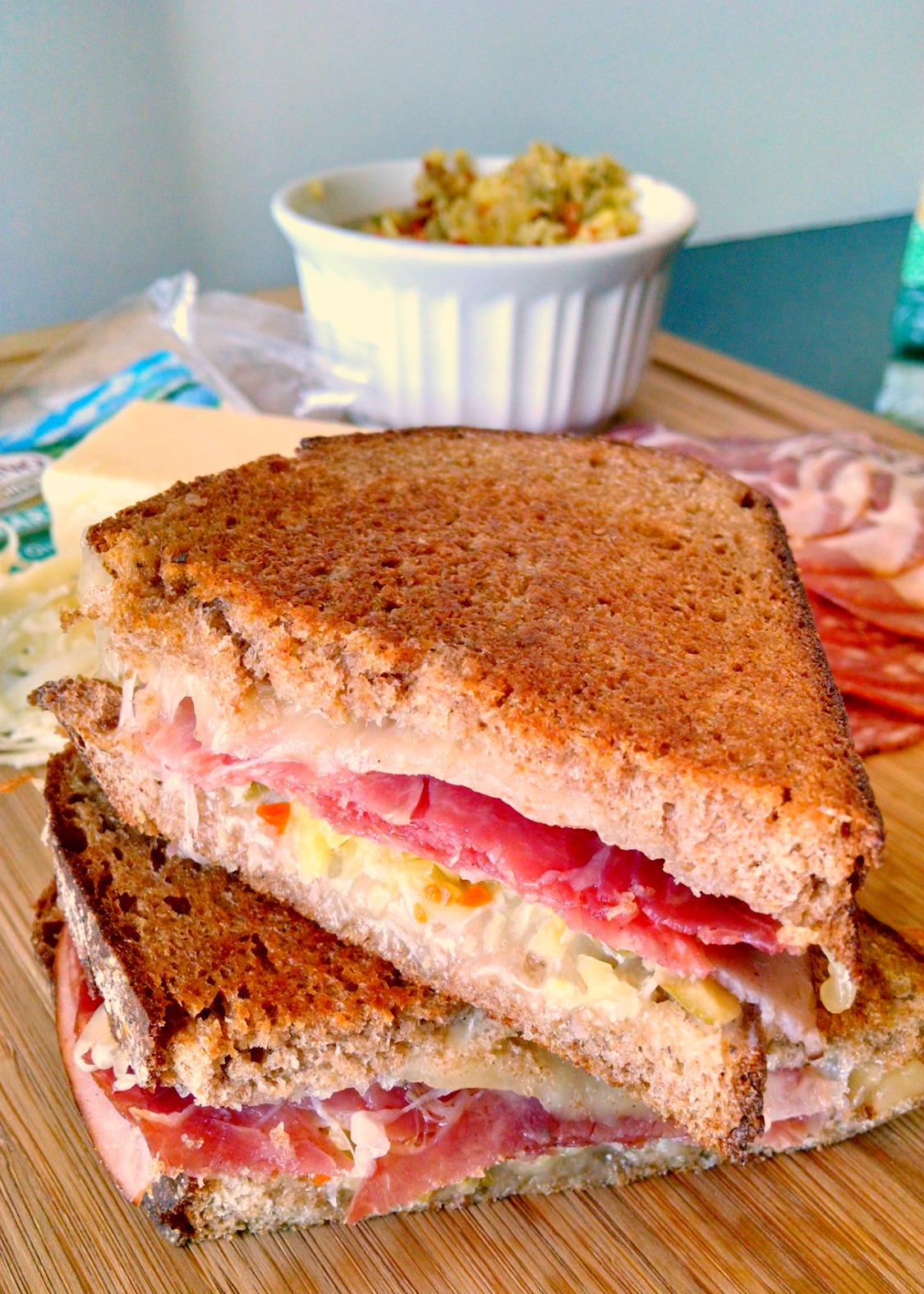 With all the flavors of a traditional Muffaletta sandwich, this Muffaletta Grilled Cheese using Rumiano Cheese is a delicious and family friendly version of the New Orleans tradition 'wich.