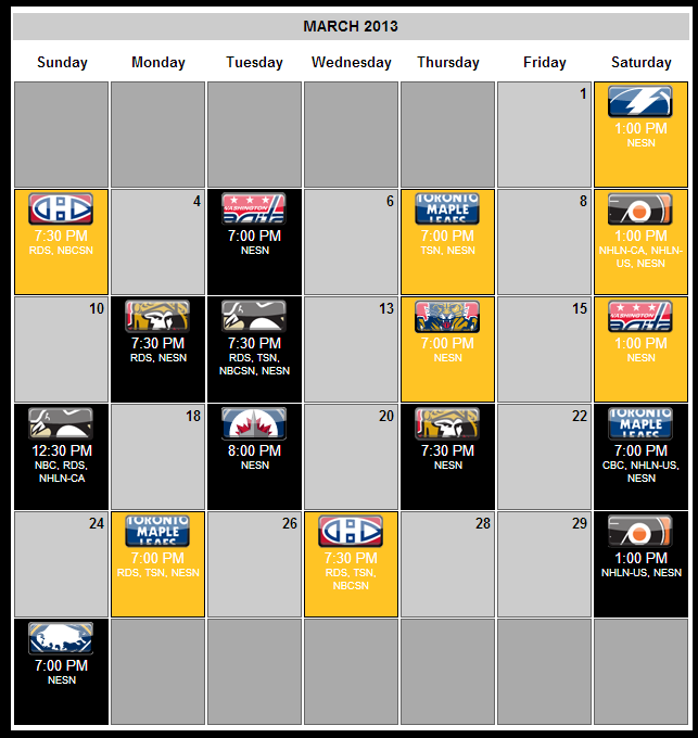 Looking at the Boston Bruins March Schedule Days of Y'Orr