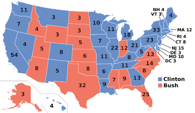 1992 Presidential Election Electoral College Results
(Blue-Democrat-Clinton [370], Red-Republican-Bush Sr. [168])