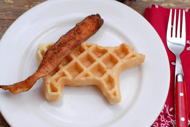 cow shaped waffle with bacon