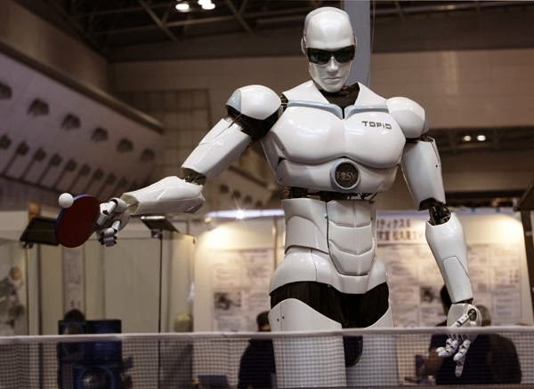 Check out the bipedal humanoid robot, "Topio" designed to play table tennis against a human being at the International Robot Exhibition.