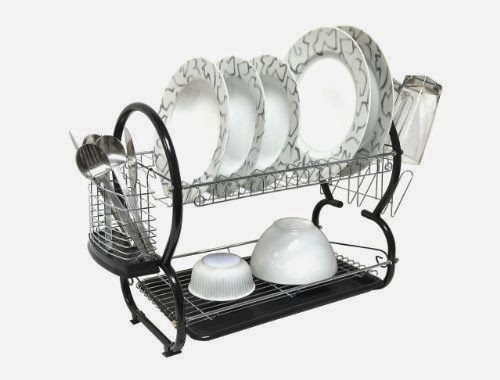  Two Tier Dish Rack with Plastic Tray - Black