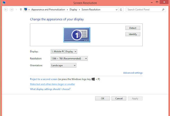 Screen Resolution Menu in Windows 8.1