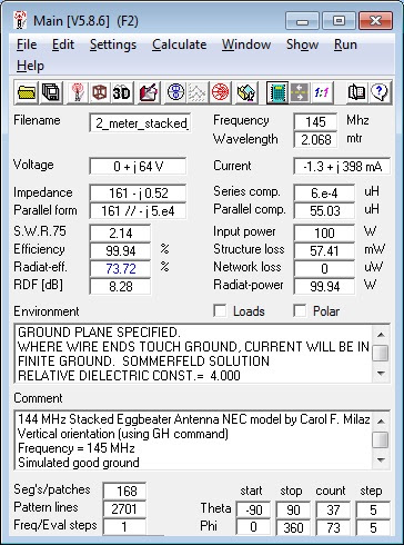 144MHz 2 stacked Eggbeater Antennas 4nec2
                    Calculations.