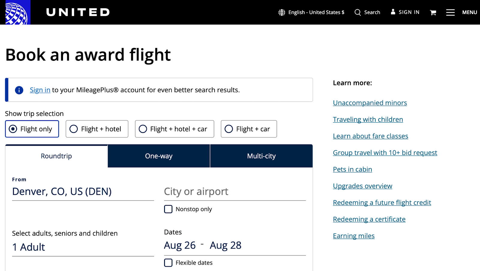 platform to browse flights specifically for United Award Travel
