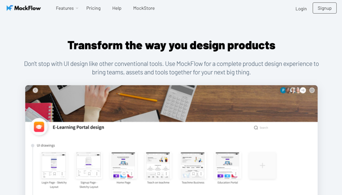 Mockflow promotional webpage with sentence 'Transform the way you design products'