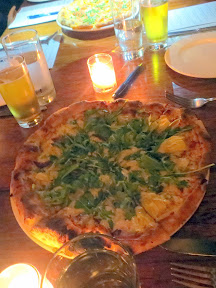 Serratto Bloggers Dinner, Pizza Del Giorno with asparagus, bacon, artichoke hearts, arugula, mozzarella, marinara