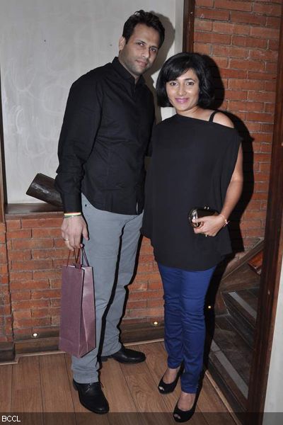 Dressed in black, Bikram Saluja with wife Schauna Chauhan at the first anniversary bash of Cafe Mangi, held in Mumbai on January 29, 2013. (Pic: Viral Bhayani)