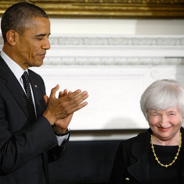 U.S. President Barack Obama (L) applauds after announcing his nomination of Janet Yellen (R) to head the Federal Reserve at the White House in Washington.