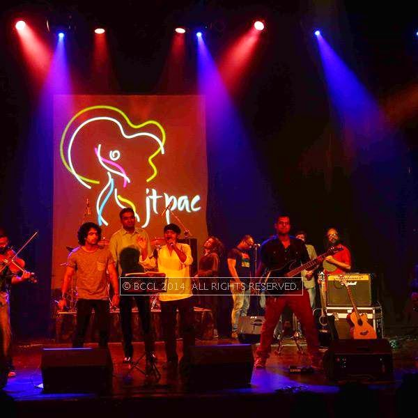 Music band Thaikoodam Bridge performs at JTPAC in Kochi. 
