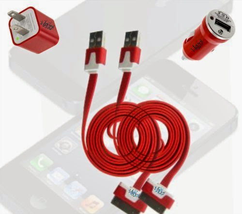  I-kool Flat Cable Iphone 4 Charger includes 2 Data Cable + Wall Plug + Car Charger Charges 3s, &  Iphone 4, 4s, Ipad 1  &  2 (Red)