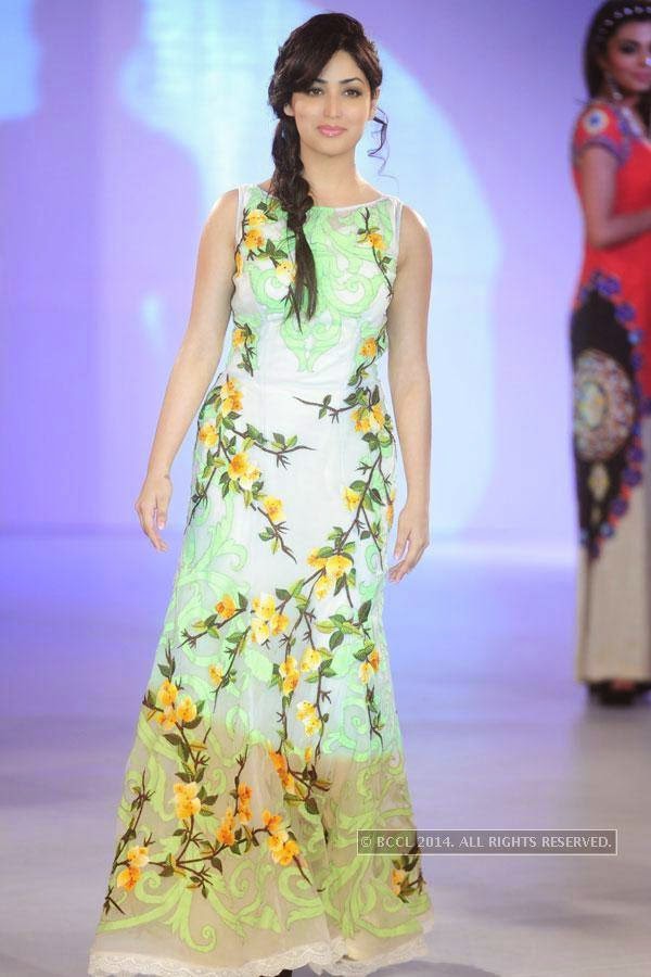 Yami Gautam walks the ramp during Jabong Online Fashion Week, held at Hotel Le Meridian, in Delhi, on July 30, 2014. 