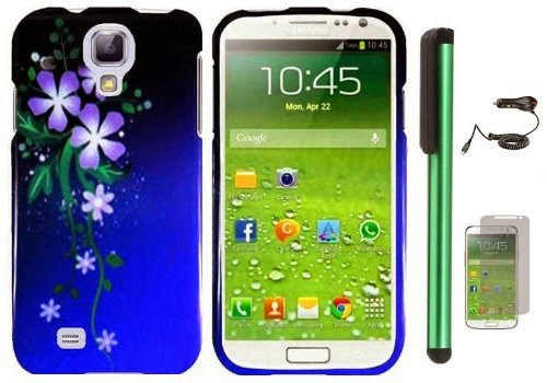  Samsung Galaxy S4 i9500 Combination - Premium Vivid Design Protector Hard Cover Case / Car Charger / Screen Protector Film / 1 of New Assorted Color Metal Stylus Touch Screen Pen (Meteor Shower Style Purple Green Flower)