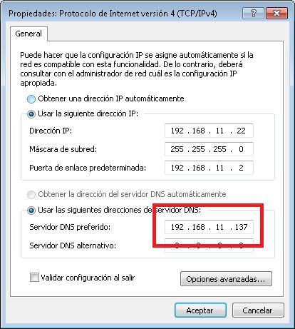 Configuración de red en el servidor DNS y en los clientes DNS tras instalar rol Servidor DNS