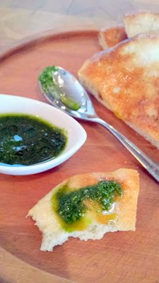 Lunch menu at Giada in the Cromwell in Las Vegas, the bread service comes with lemon thyme flatbread and pesto