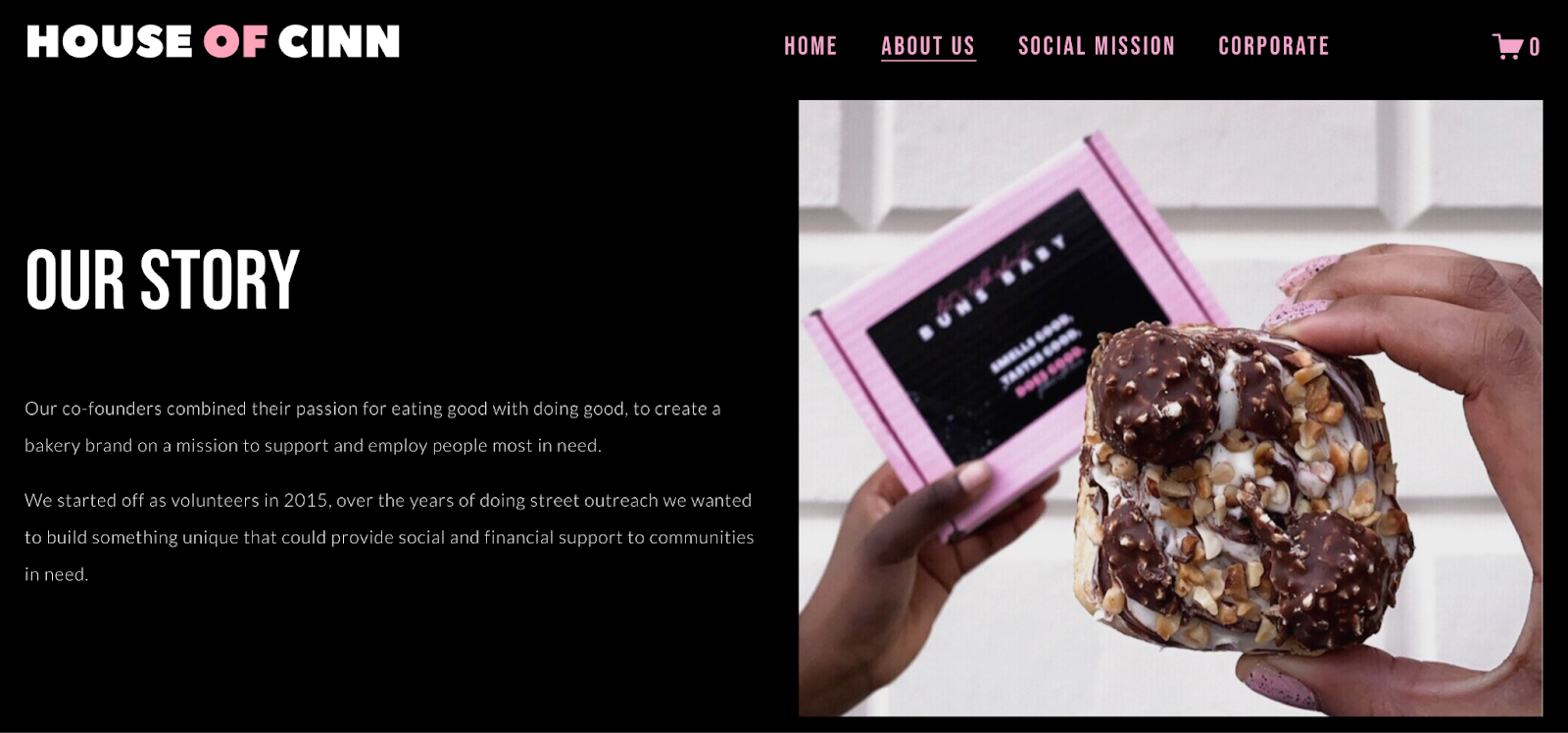 Screenshot of House of Cinn bakery's brand story and how it supports communities in need. 