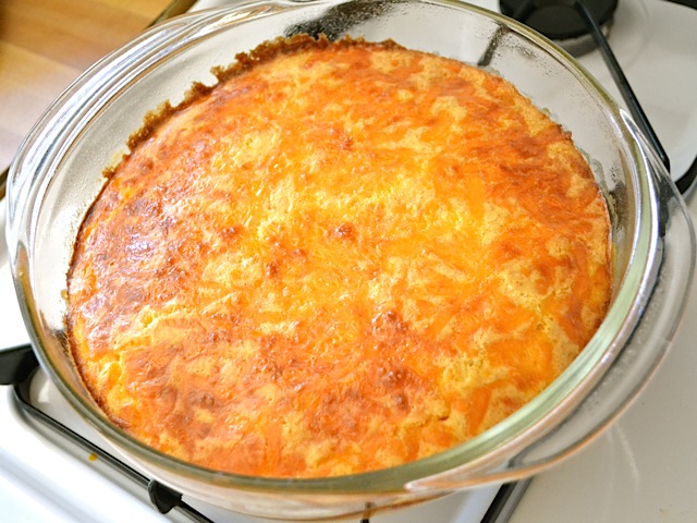 baked corn pudding in baking dish 