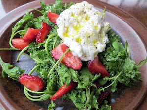 Accanto PDX, Burrata with strawberries, favas, wrinkle crinkle crumple cress