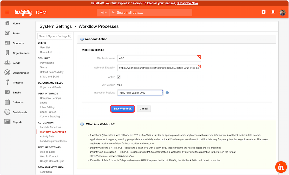 Click on Save Webhook.