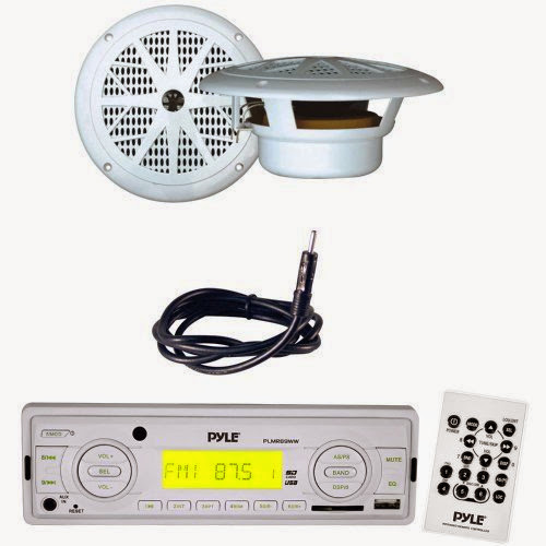 Pyle Marine Radio Receiver, Speaker and Cable Package - PLMR89WW AM/FM-MPX IN-Dash Marine MP3 Player/Weatherband/USB  &  SD, MMC Memory Card Function - PLMR61W 120 Watt 6.5'' Dual Cone White Marine Waterproof Speakers (Pair) - PLMRNT1 22