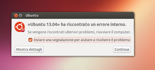 segnalazione d'errore di sistema in Ubuntu 13.04 Raring