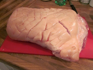 Scored pork belly ready to marinade