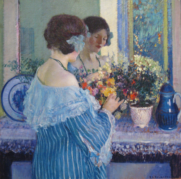 Frederick Carl Frieseke - Girl in Blue Arranging Flowers