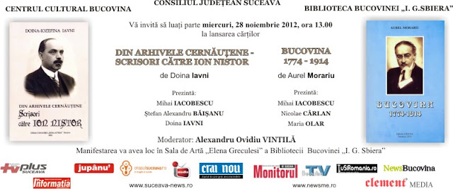 Două cărţi de Ziua Bucovinei: „Din arhivele cernăuţene – scrisori către Ion Nistor” şi „Bucovina 1774-1914”