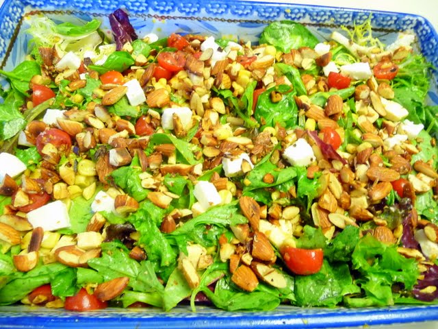 Pan Roasted Corn Salad with Mozzarella and Tomatoes in Lemon Dressing