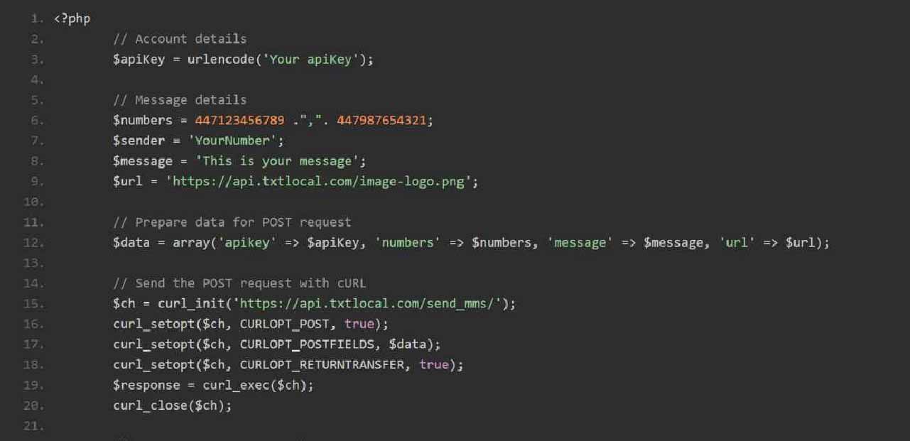 Code snippet from Textlocal SMS API India