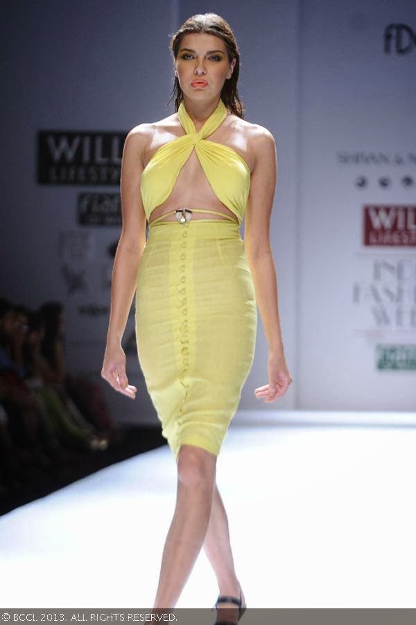 Katrin walks the ramp for fashion designers Shivan & Narresh on Day 2 of the Wills Lifestyle India Fashion Week (WIFW) Spring/Summer 2014, held in Delhi.